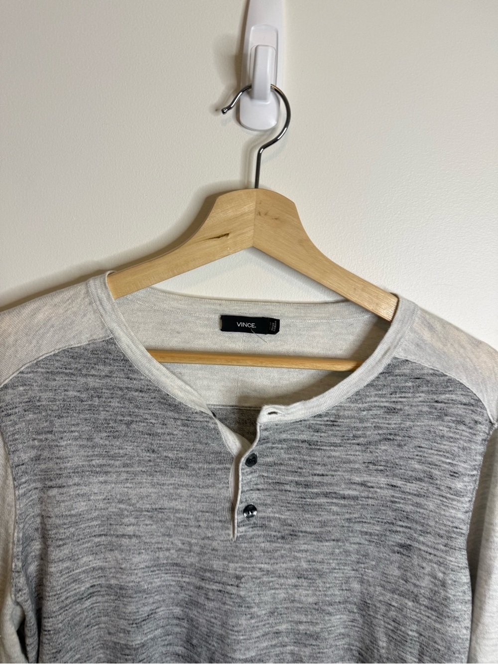 Vince Two-Tone Gray and Cream Long Sleeve Henley - Picture 5 of 10